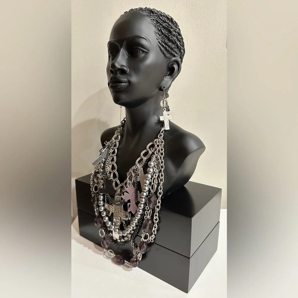 Bold Silver Statement Necklace with Cross Charms & Matching Earrings